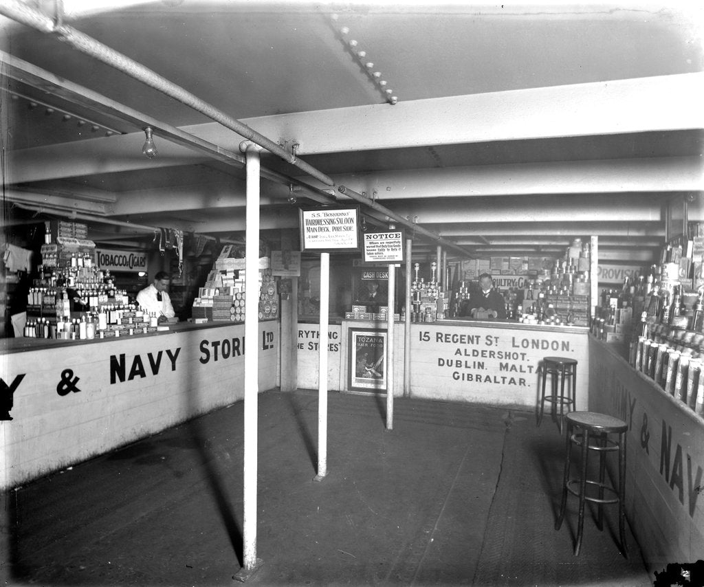 Detail of Junior Army and Navy Stores Ltd shop on the 'Borodino' (1911) by Bedford Lemere & Co.