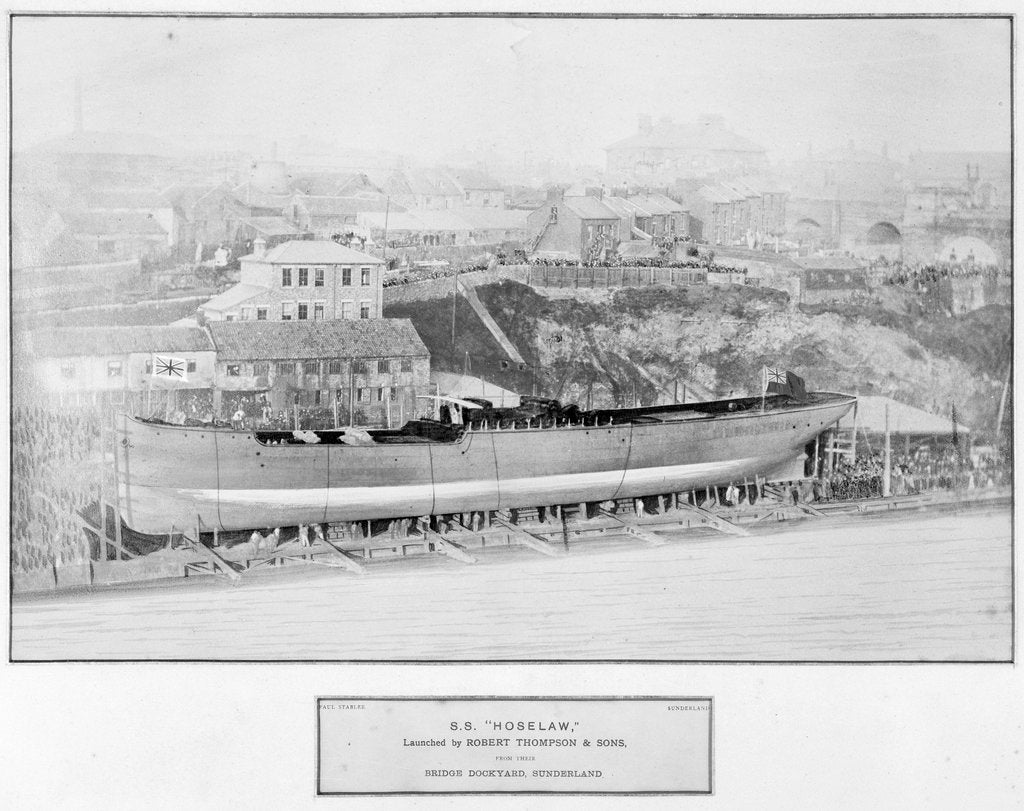 Detail of General view of the bridge yard, showing the steamer 'Hoselaw' (1883) on the ways on the day of her launch by unknown