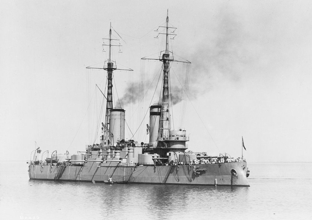 Detail of Battleship 'Bandrei Pervoswanni' (Ru, 1906) at anchor, possibly in the Portland area by unknown