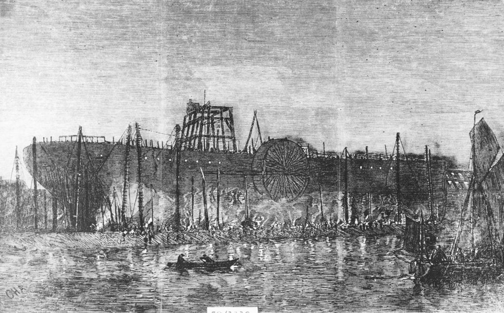Detail of Working on the 'Great Eastern' (1858) by gaslight by unknown