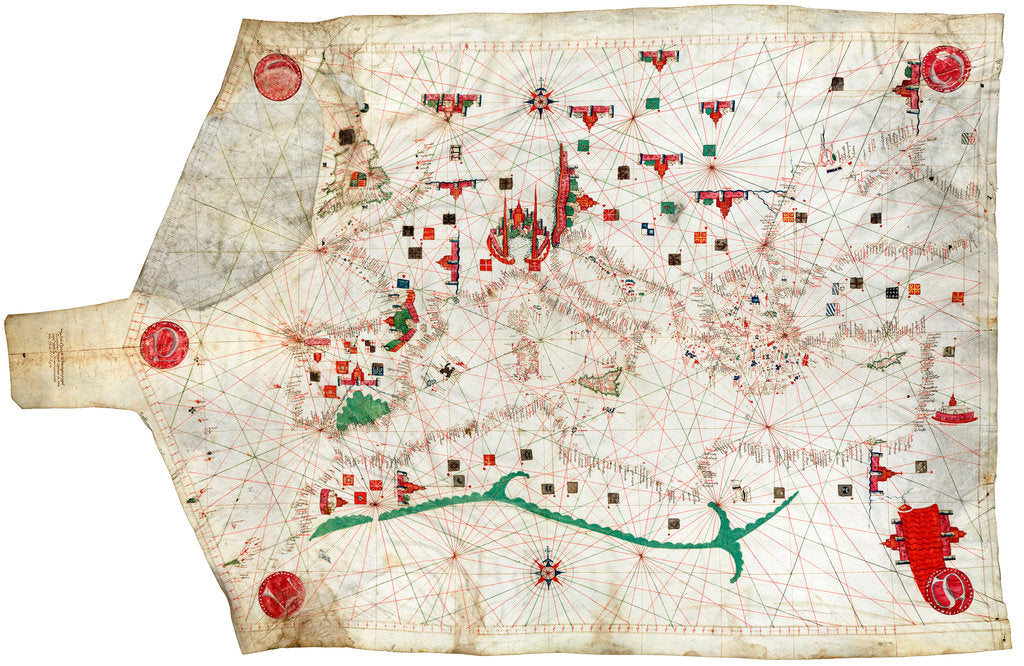 Detail of Portulan chart of Mediterranean Sea and NE Atlantic, this is the oldest portulan in the National Maritime Museum's collections by Jacopo Bertran