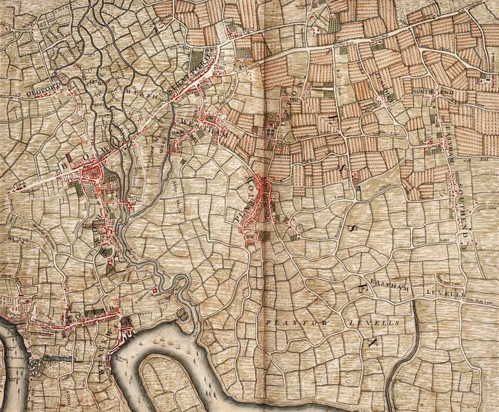 Detail of Map of Bow, Stratford, Blackwall and Plaistow by John Rocque
