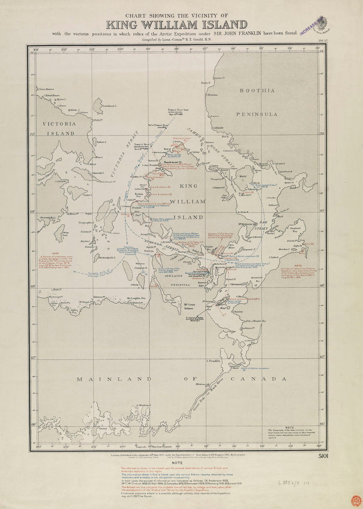 Detail of Gould map of King William Island, where Franklin relics were found by Gould