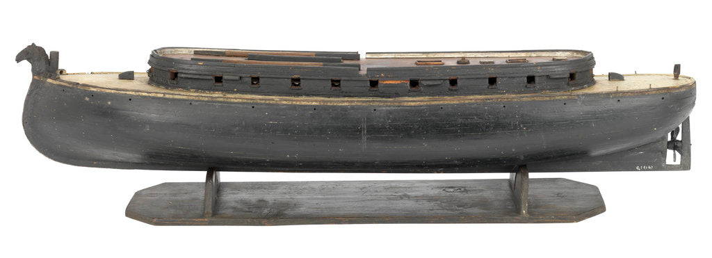 Detail of Full hull model of a floating battery gunboat (circa 1850); model is decked by unknown
