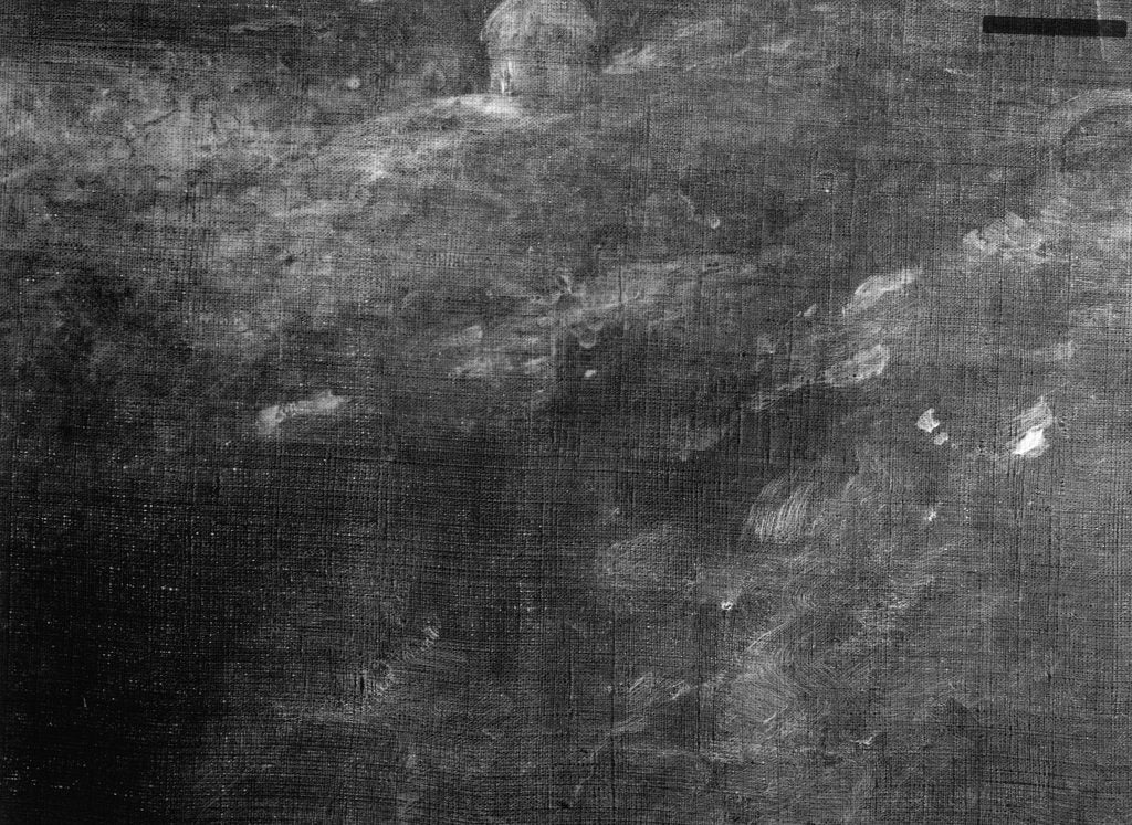 Detail of X-ray detail of BHC2377 'A View of the Island of New Caledonia in the South' by William Hodges, showing pentimento huts by William Hodges