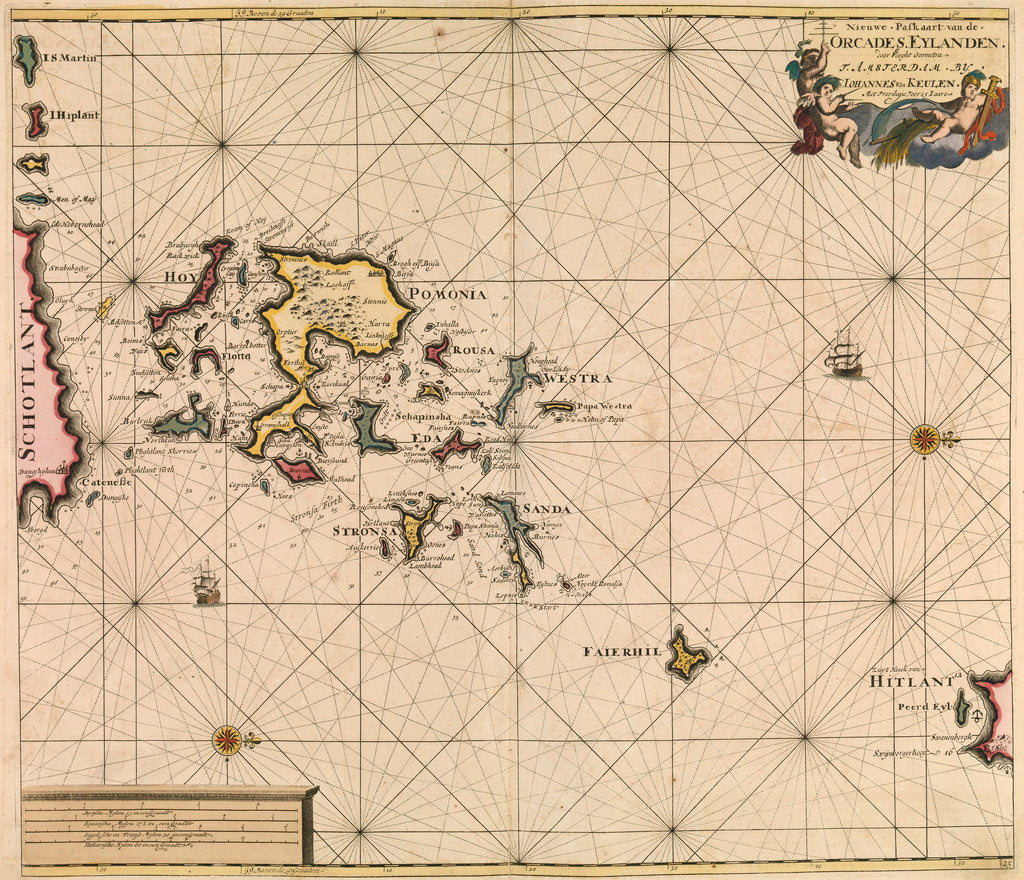 Detail of Chart of Orcades Eylande (Orkneys) from van Keulen's 'Great and Newly Enlarged Sea Atlas', 1682 by Johannes van Keulen