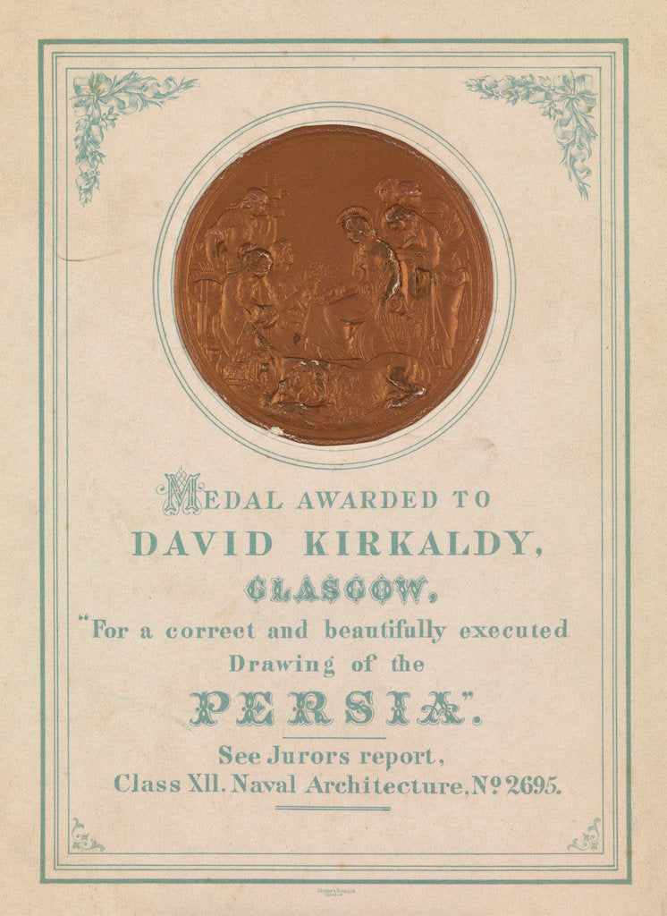Detail of Medal awarded to David Kirkaldy, Glasgow.  For a correct and beautifully executed drawing of the Persia by unknown