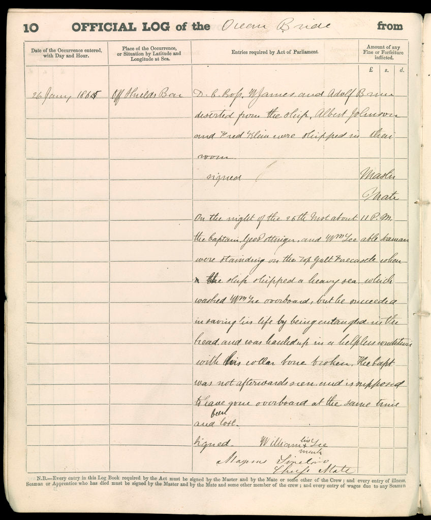 Detail of Logbook of the 'Ocean Bride' by unknown