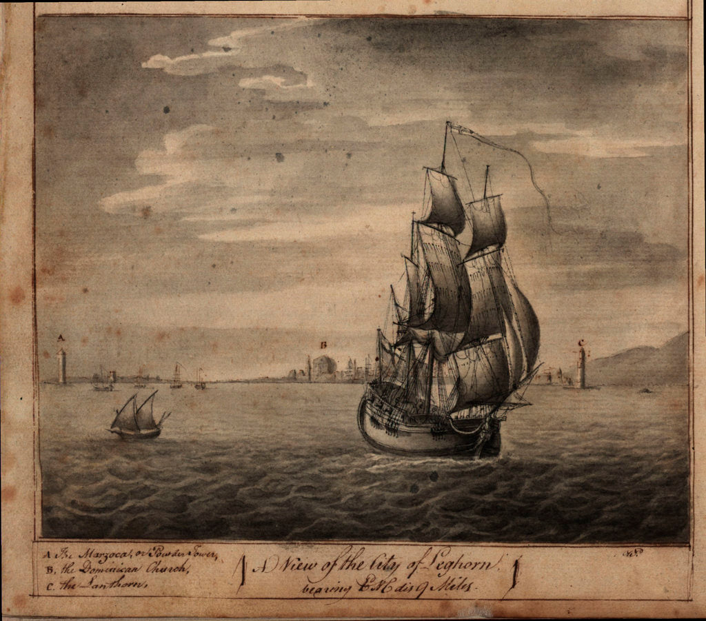 Detail of A view of the city of Leghorn, page from 'From Leghorn towards London in the ship 'Betsey'' by Nicholas Pocock, 1770 by unknown