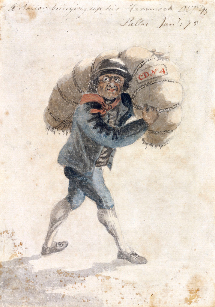 Detail of A Sailor bringing up his hammock, Pallas, January 75 [Bray album] by Gabriel Bray