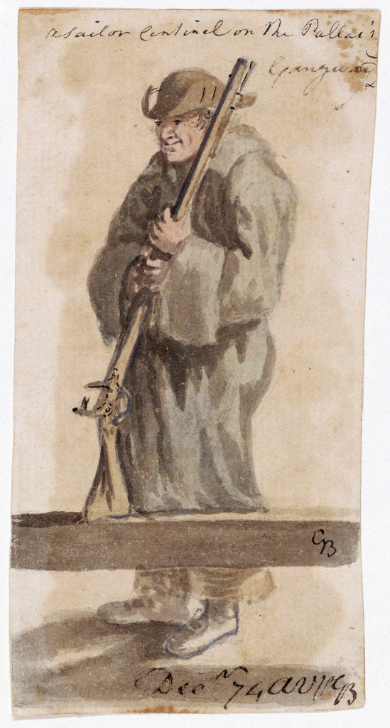 Detail of A sailor centinel on the Pallas's gangway [Bray album] by Gabriel Bray