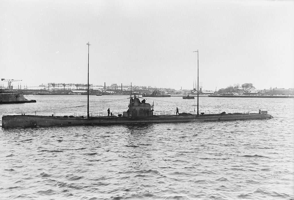 Detail of Photograph of U90 (1917). A port near beam from just forward of broadside view in 1917 by unknown