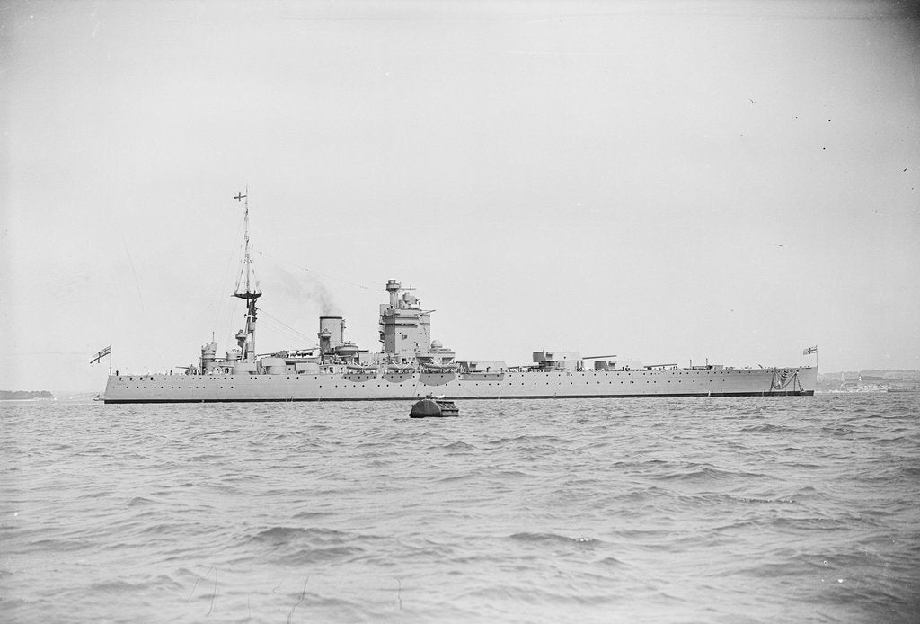 Detail of HMS 'Nelson' (1925) battleship, starboard beam view in circa 1934 by unknown