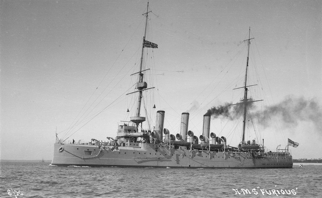 Detail of A port bow view of HMS 'Furious' (1896) by unknown