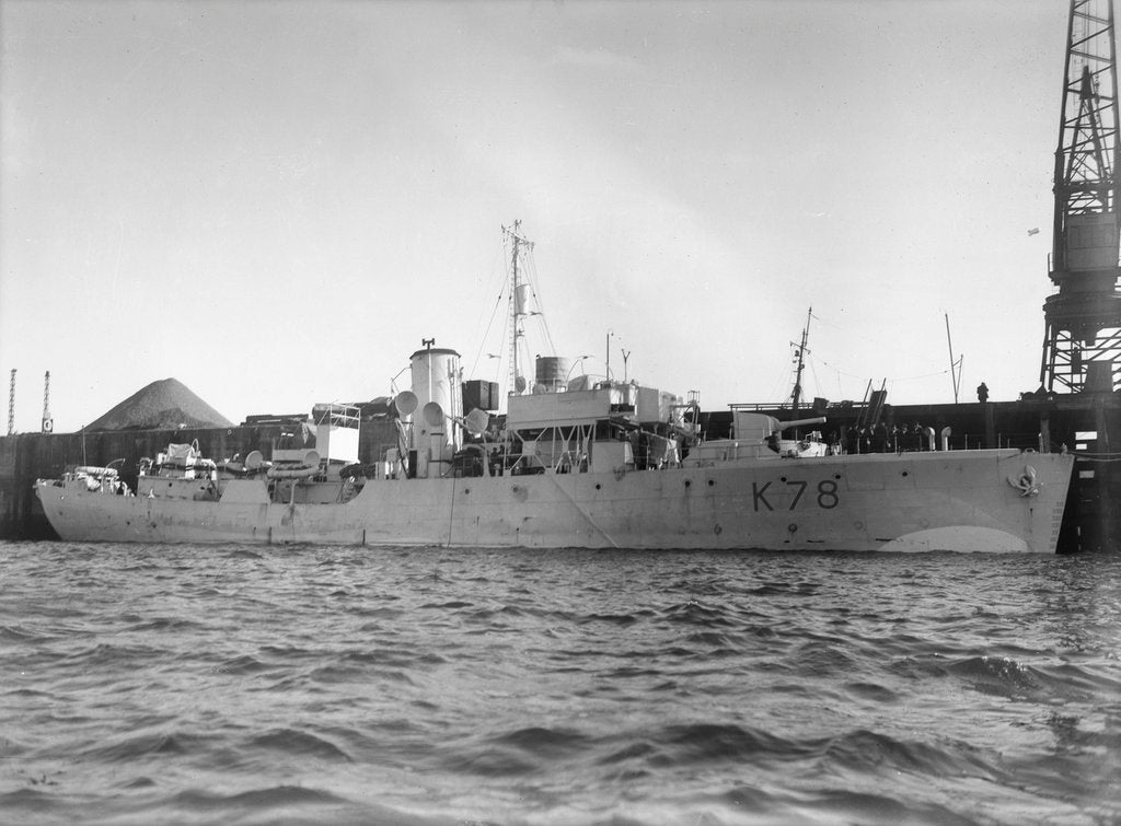 Detail of Photograph of starboard view just forward of the broadside of HMS 'Rhododendron' (1940) dated pre October 1942 alongside quay. Pendant K78. by unknown