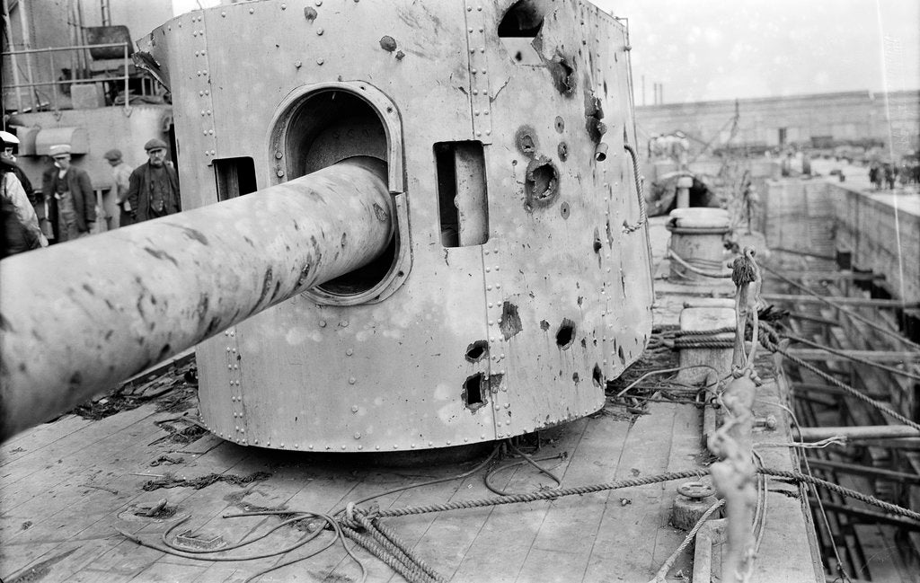 Detail of HMS 'Warspite' (1913), battle damage by unknown