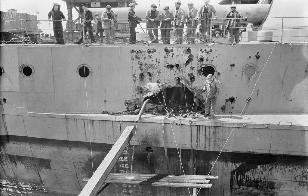 Detail of Battleship HMS 'Warspite' (1913) in No.1 Dry Dock at Rosyth by unknown