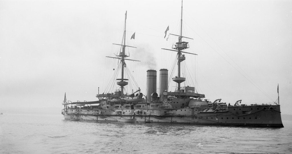 Detail of Battleship HMS 'Goliath' (1898), at anchor with awning rigged by unknown