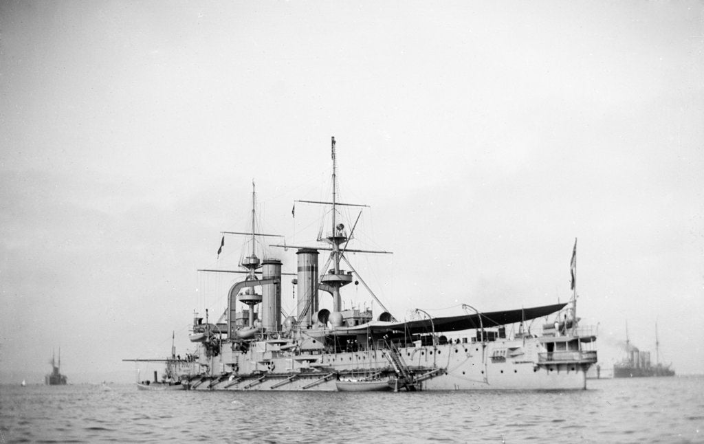 Detail of Battleship HMS 'Triumph' (1903) at anchor with awning aft by unknown