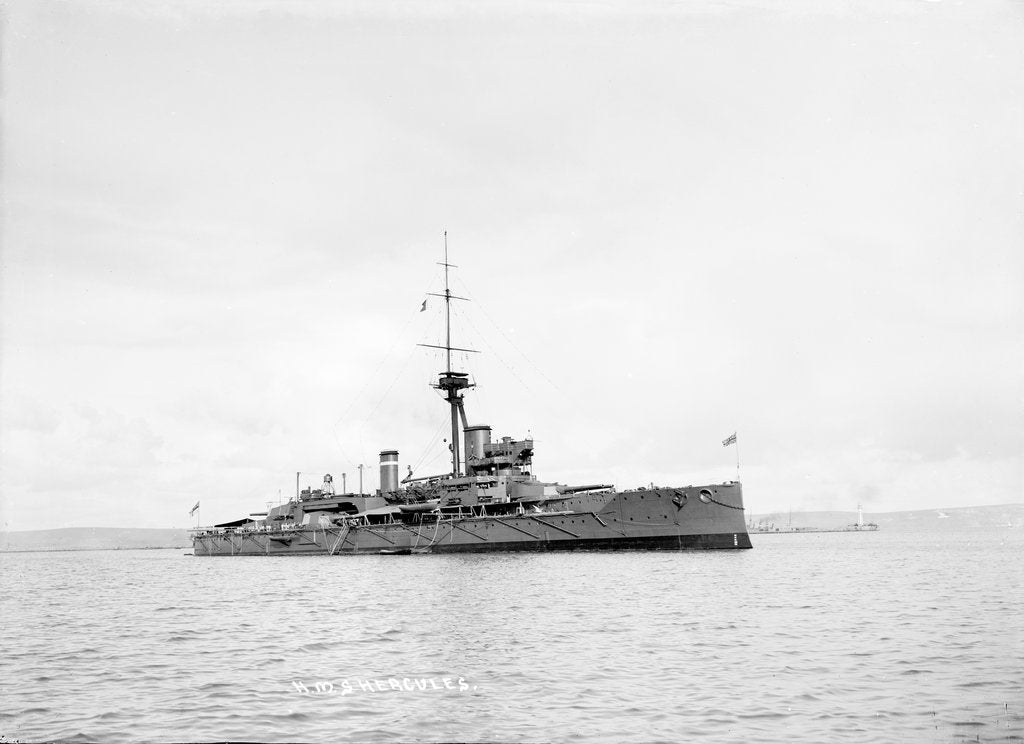 Detail of Dreadnought battleship HMS 'Hercules' in 1913, at anchor with awnings amidships and aft by unknown