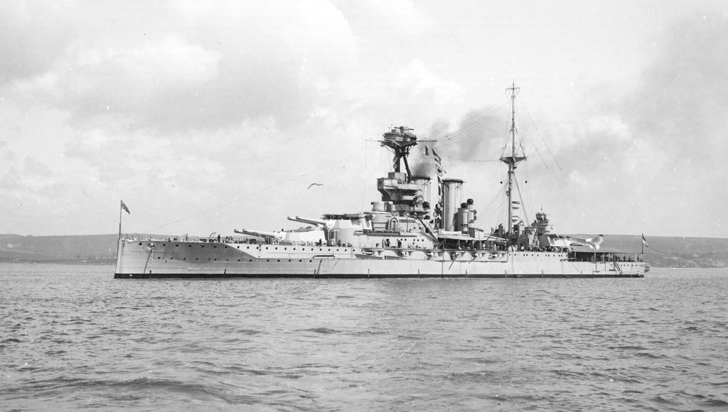 Detail of Battleship HMS 'Warspite' (1913) at anchor, with awning rigged aft by unknown