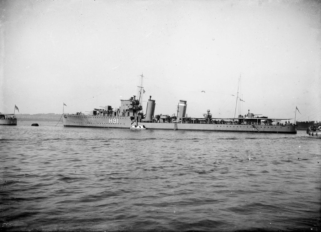 Detail of Destroyer HMS 'Bulldog' (1930) anchored at Portland with awning rigged aft by unknown