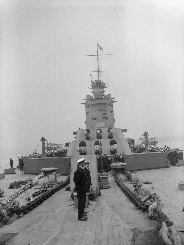Detail of HMS 'Nelson' (1925) main battery and bridge from forecastle by unknown