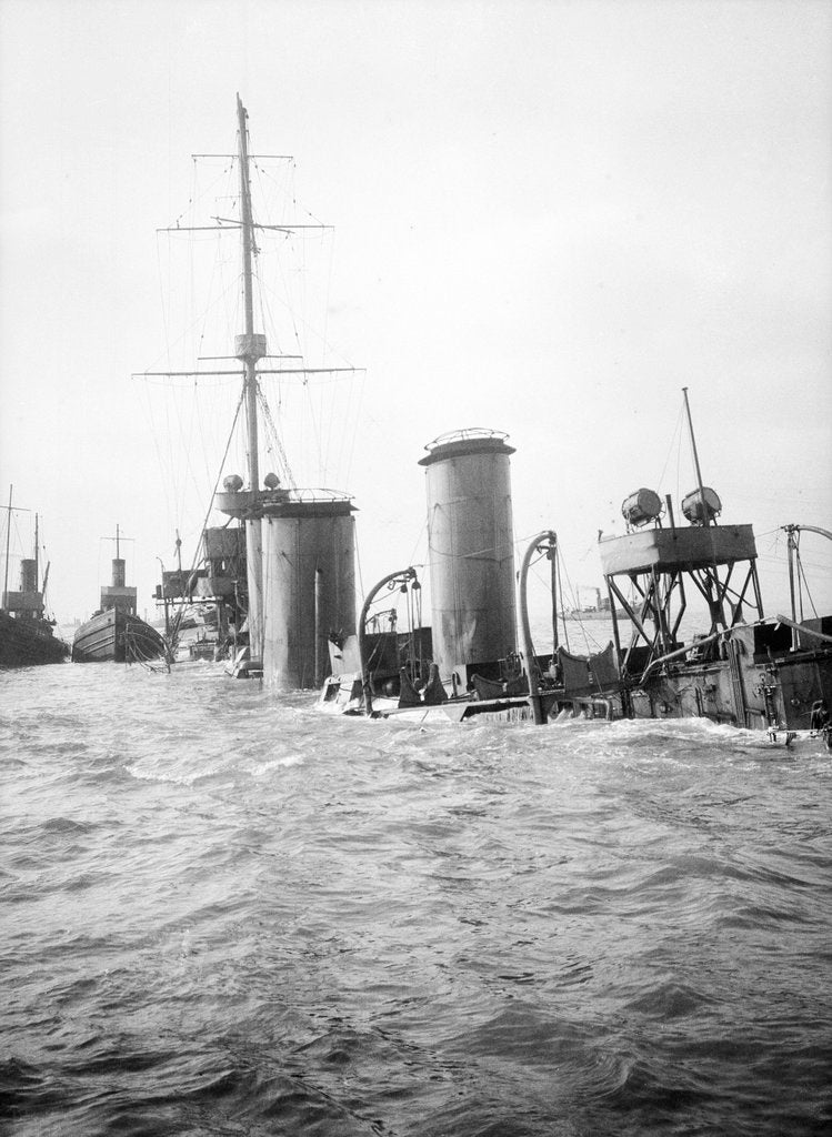 Detail of The superstructure and funnels of HMS 'Arethusa' (1913) aground on Cutler Shoal. by Lieutenant Geoffroy William Winsmore Hooper