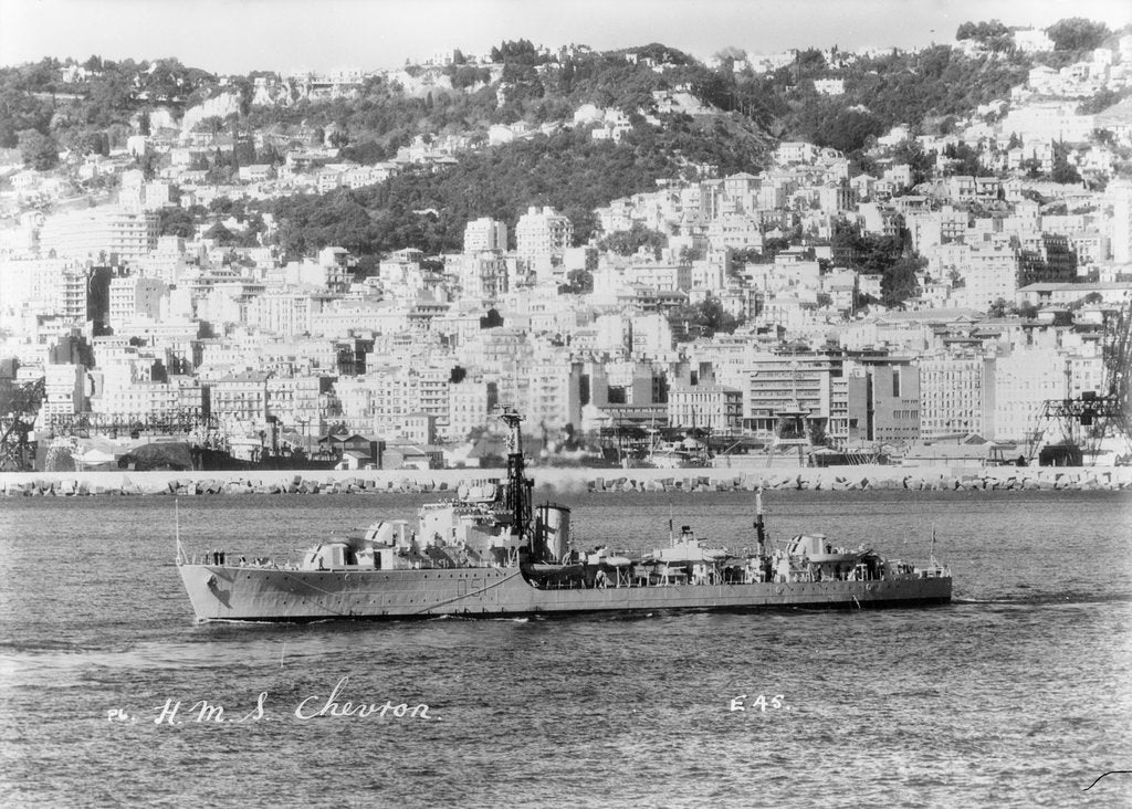 Detail of HMS 'Chevron' (1944), under way off an unknown port by unknown