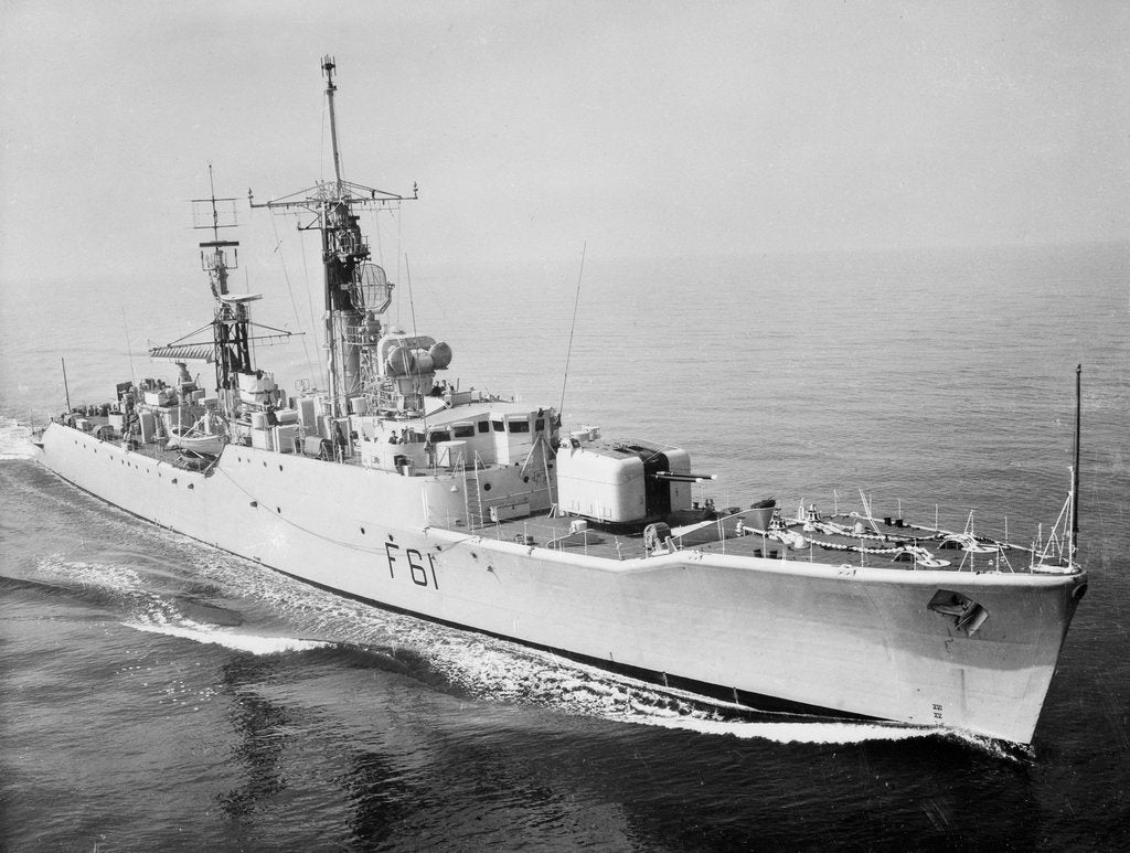Detail of Frigate HMS 'Llandaff' (1955) under way at sea by unknown