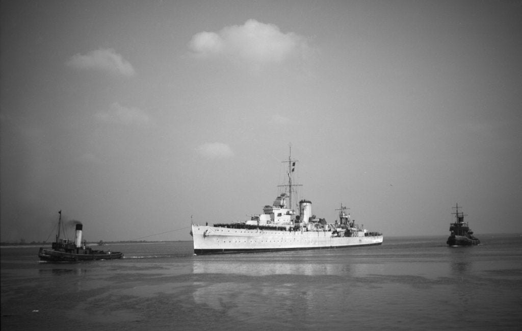 Detail of 'Ajax' (Br, 1934) under tow, approaching Chatham dockyard on return from the River Plate by unknown
