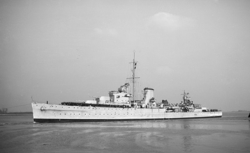 Detail of 'Ajax' (Br, 1934) under tow, approaching Chatham dockyard on return from the River Plate by unknown
