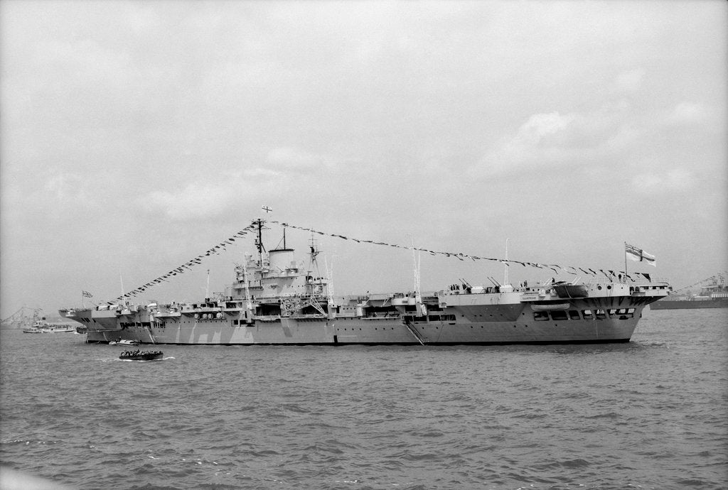 Detail of Aircraft carrier HMS 'Illustrious' (1939) on 15th June 1953, anchored in Line F at Spithead for the Coronation Review. Dressed overall by unknown