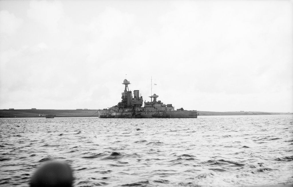 Detail of Photograph of HMS 'Iron Duke' (1912) in October 1940 ashore at Longhope, Scapa Flow. In use as base and accommodation ship by unknown