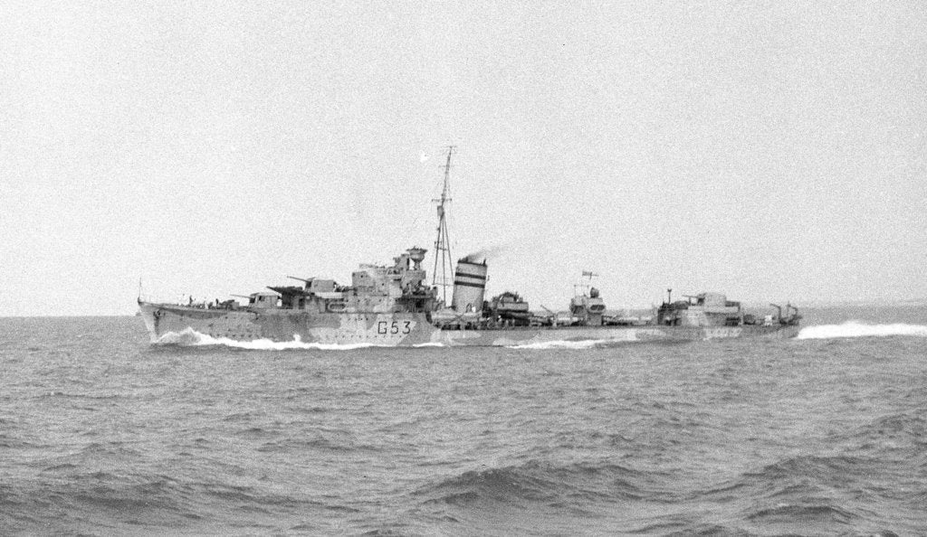 Detail of HMS 'Janus' (Br, 1938), under way at speed off Alexandria, passing HMS 'Phoebe' (Br, 1939), 12 May 1941 by unknown
