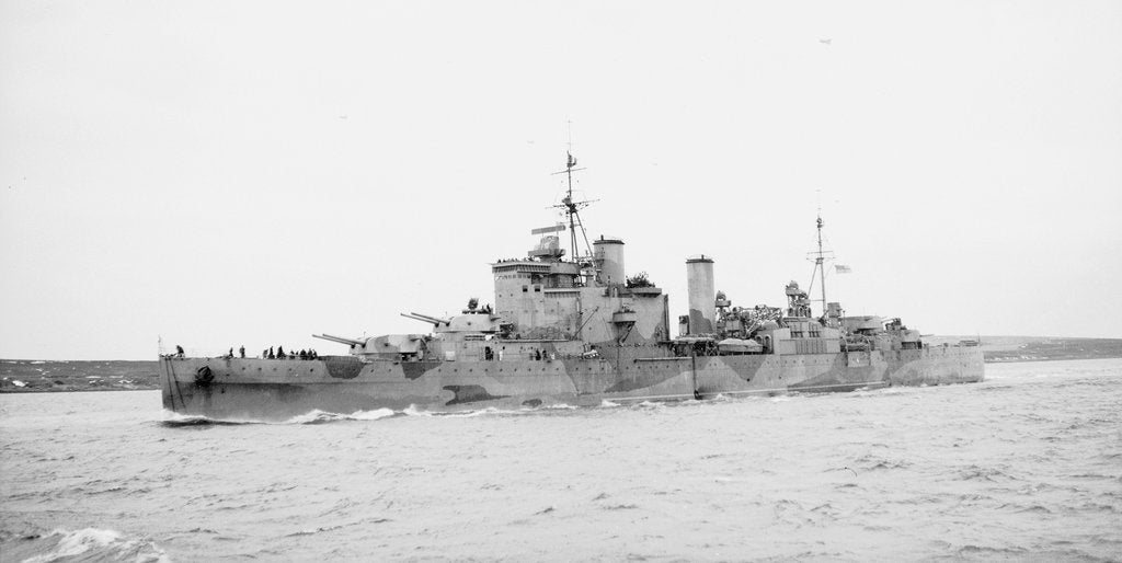 Detail of Heavy cruiser HMS 'London' (1927) under way in Scapa Flow, bound out by unknown