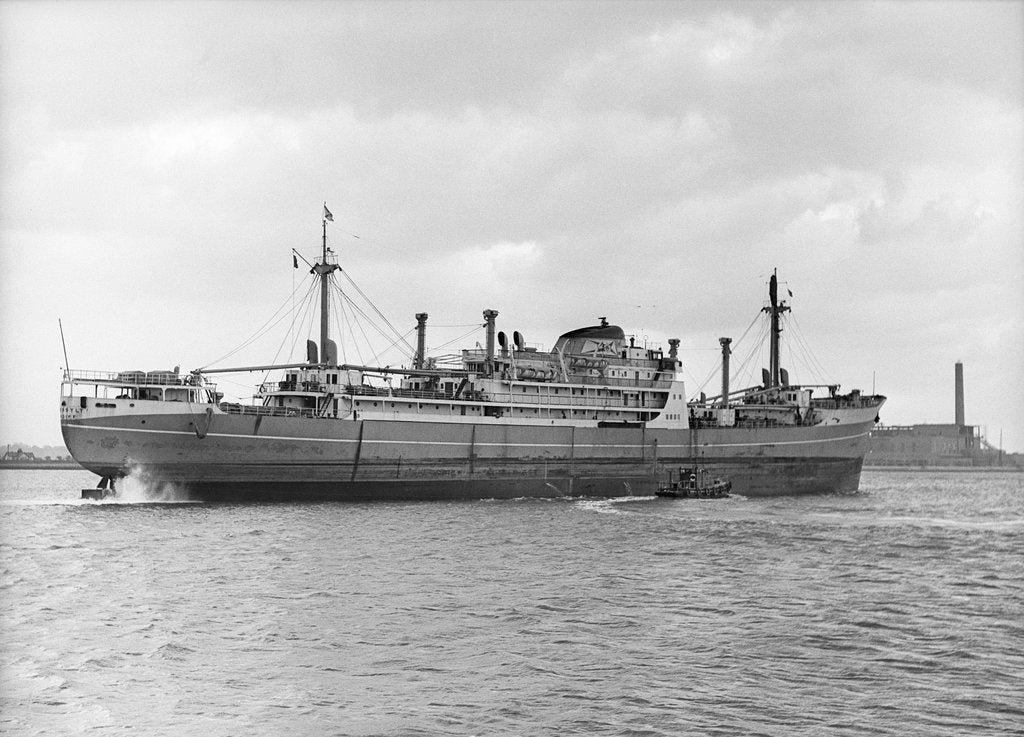 Detail of Photograph of cargo liner 'St. Essylt' (1948) in May 1955, under way on the River Thames at Tilbury, bound out in ballast by unknown