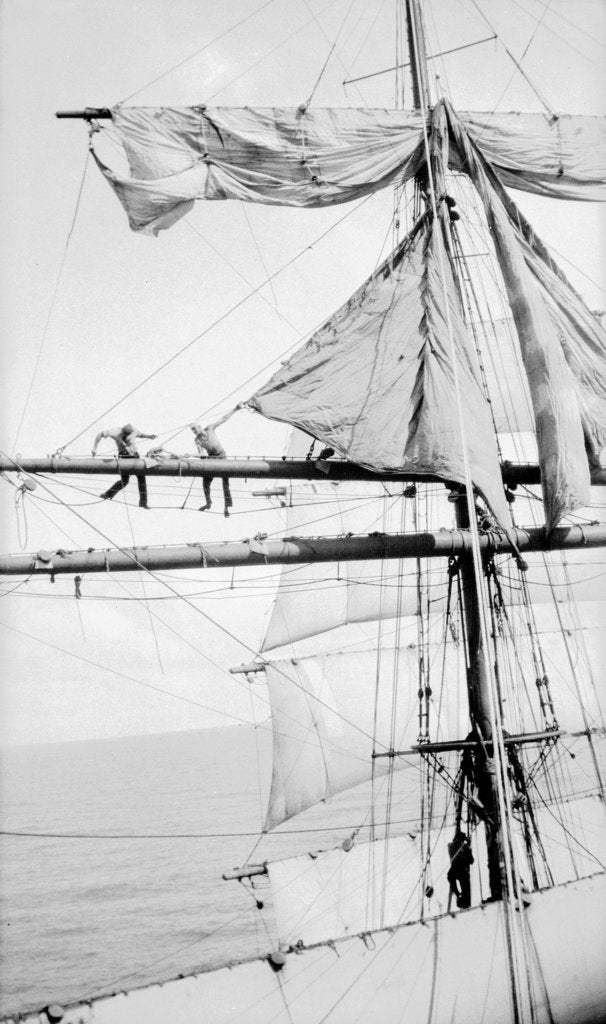 Detail of Furling the sail of the upper topsail yard by Alan Villiers