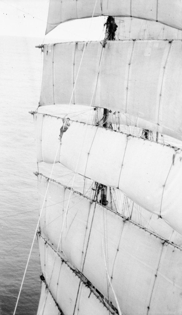 Detail of Hanging aloft, coming down the main royal stay by Alan Villiers