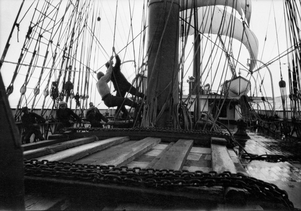Detail of Hauling on the brace at the main mast by Alan Villiers