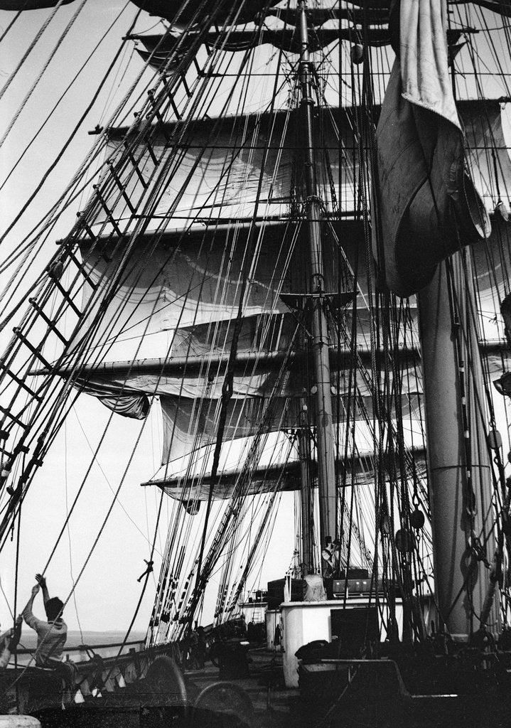 Detail of Approaching an anchorage, sails bunted up by Alan Villiers