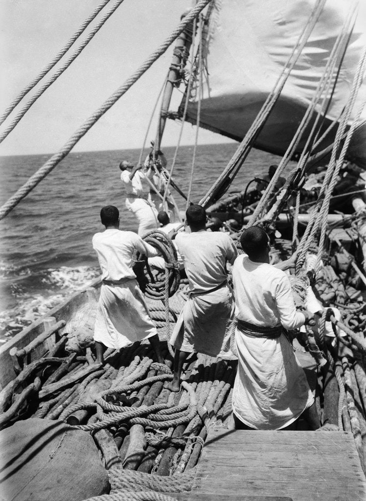 Detail of Kuwaiti crew handling a boom by Alan Villiers