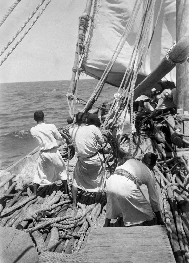 Detail of The 'Triumph of Righteousness' crew going about their work amongst mangrove poles by Alan Villiers
