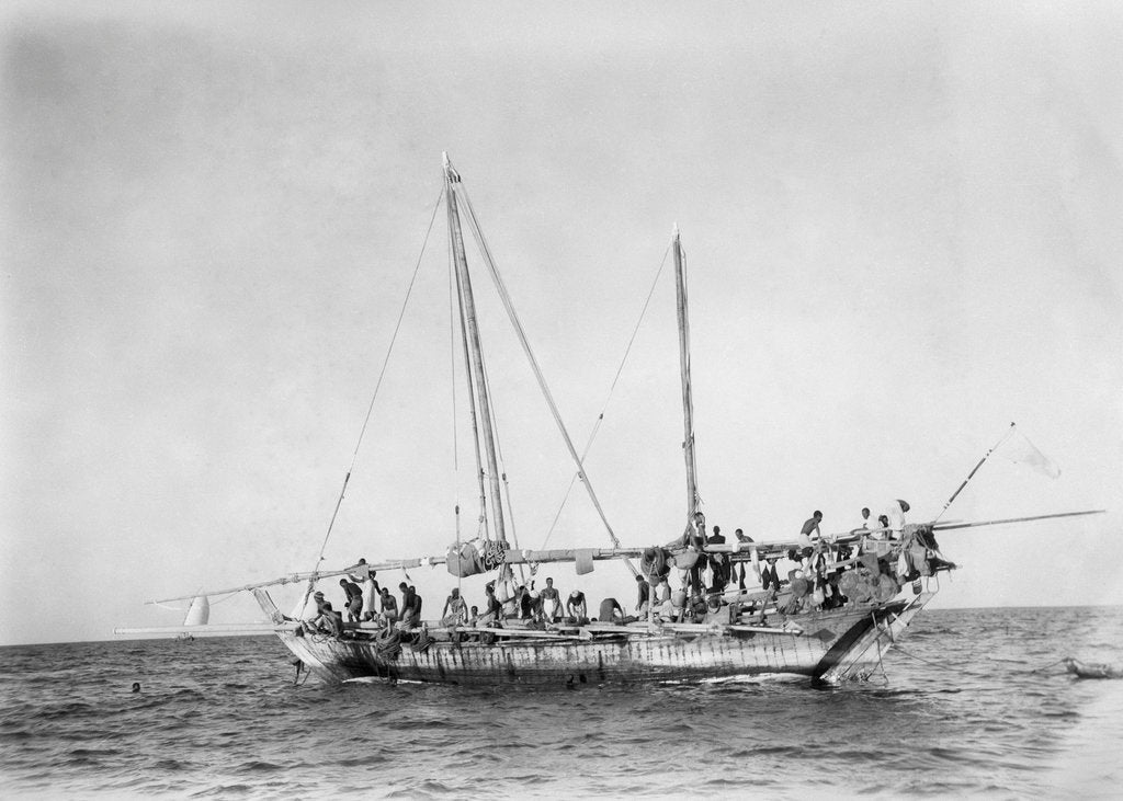 Detail of A crowded Kuwaiti pearling shu'i during a break from diving by Alan Villiers