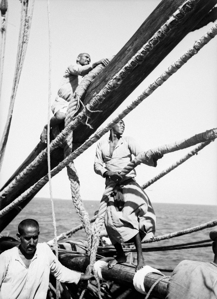 Detail of Kuwaiti sailors about their tasks on the 'Triumph of Righteousness' by Alan Villiers