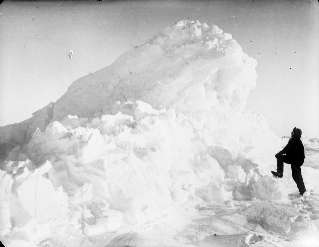 Detail of Captain Worsley standing by a large pressure ridge, Weddell Sea, Antarctica by unknown