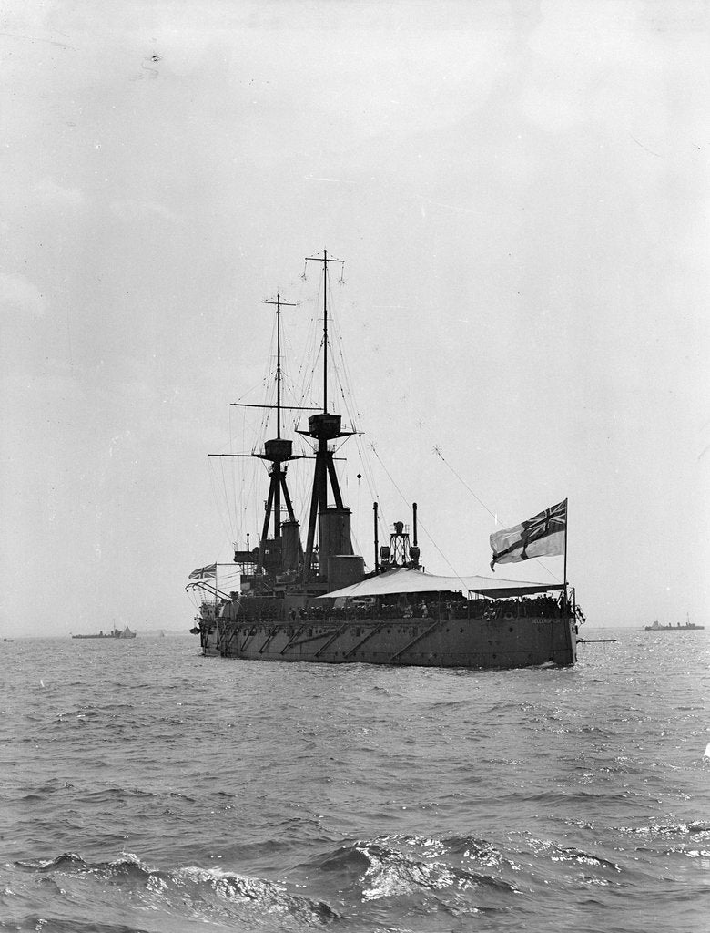 Detail of Battleship HMS 'Bellerophon' (1907) at anchor at Spithead, with awning rigged aft by unknown