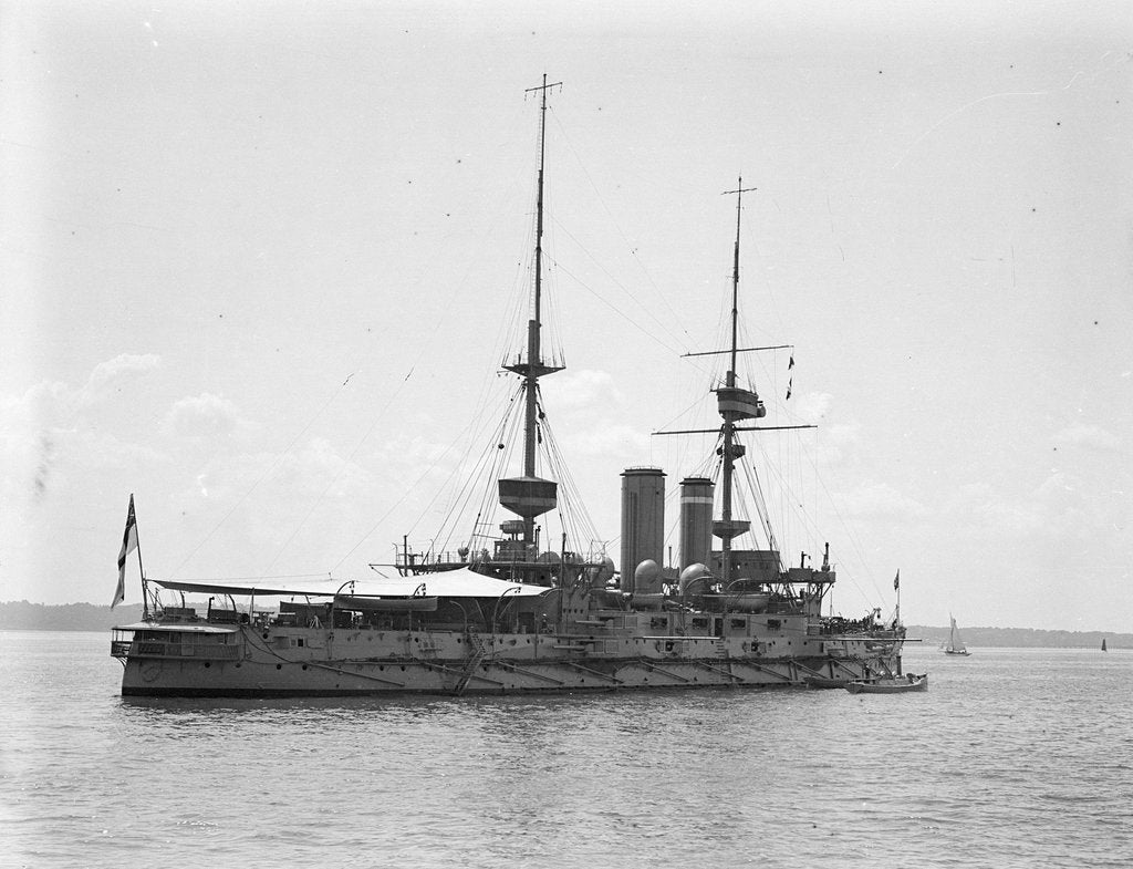 Detail of HMS 'Implacable' (1899) at anchor at Spithead, with awning rigged aft by unknown
