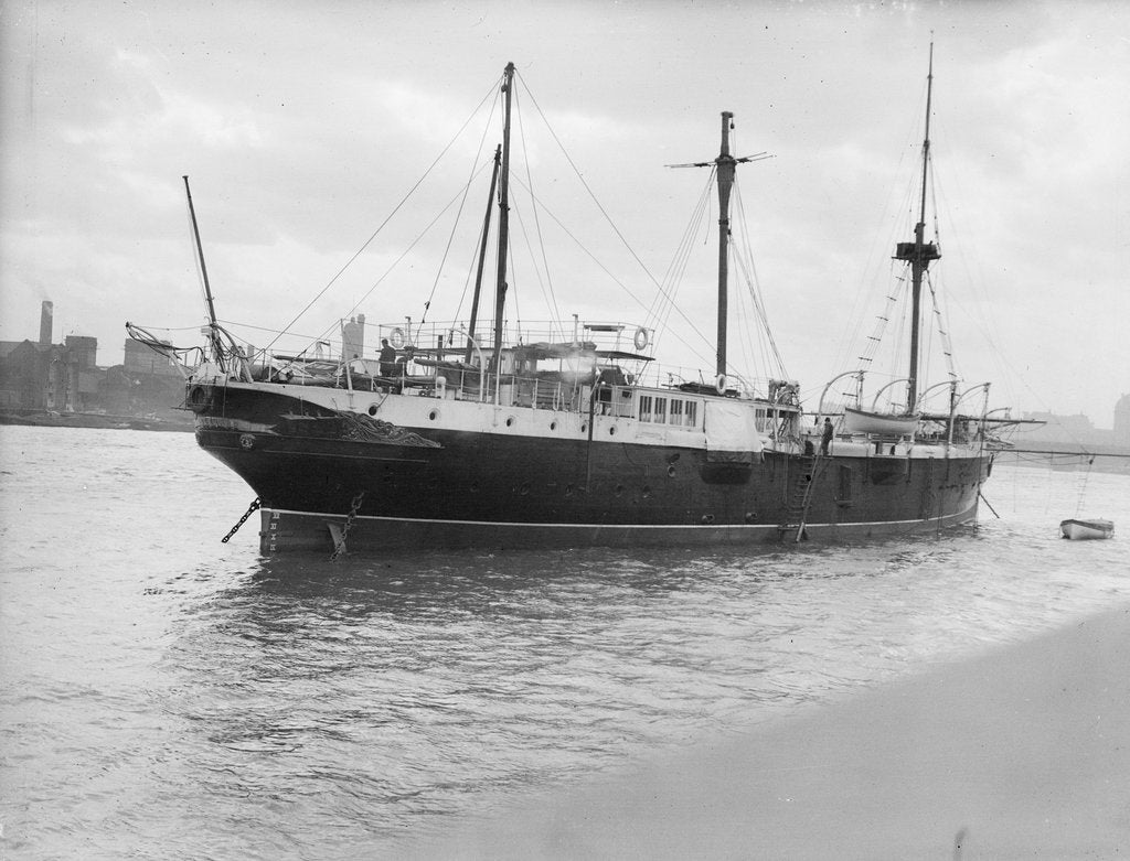 Detail of Training ship HMS 'Buzzard' (1887, RNVR) moored at the Embankment, London by unknown