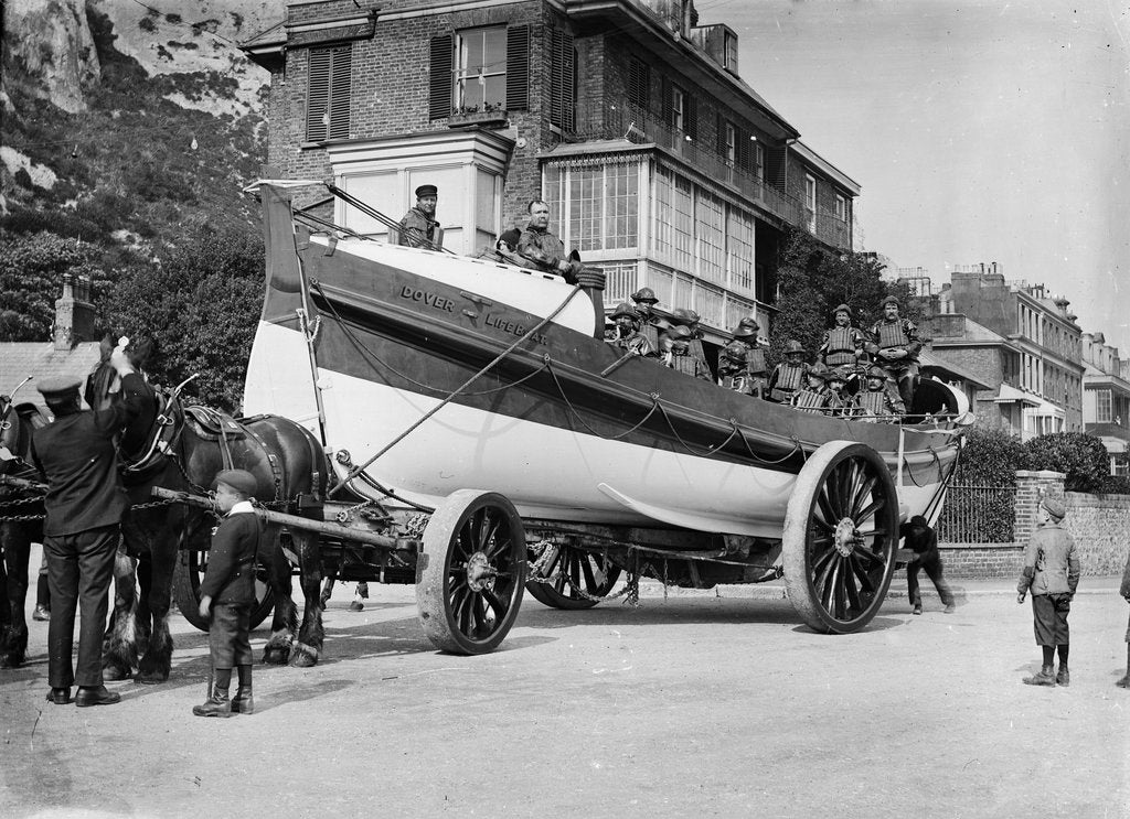 Detail of 'Mary Hamer Hoyle' (Br, 1901) on its horse drawn carriage in a Dover street during Lifeboat Day by unknown